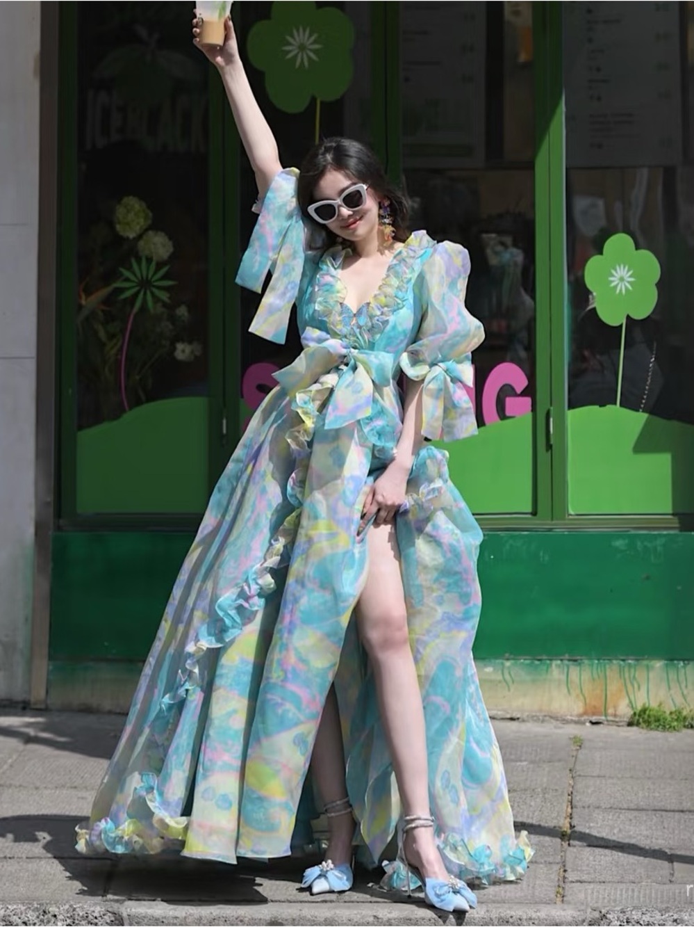 NWT Selkie Maria Gown Blue Green Retro Electric Lady Ruffle Maxi Dress M